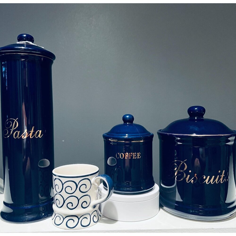 Vintage English Kitchen Canister Set |Pasta, Biscuits,Coffee + Free Whittard Mug